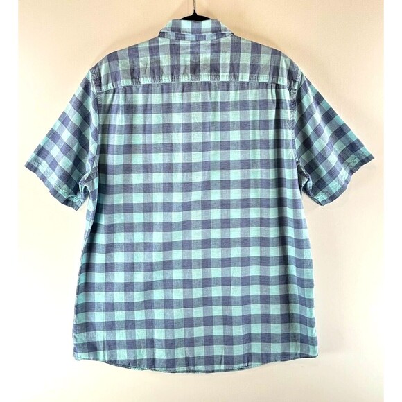 Faherty Mens Button Up Shirt Blue Ventura Short Sleeve Linen Plaid Stretch Large - Picture 3 of 10
